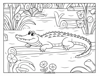 Coloriage d'alligator pour enfants : Un alligator au repos est allongé sur un tronc entouré de fleurs de marécage et de plantes feuillues