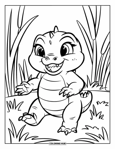 Coloriage d'alligator pour enfants : Un alligator aux yeux ronds se balade dans l'herbe avec un air espiègle