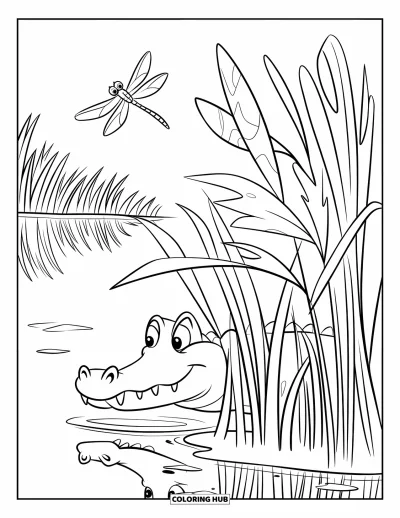 Coloriage d'alligator pour enfants : Un alligator timide observe une libellule au bord d'un lac tranquille