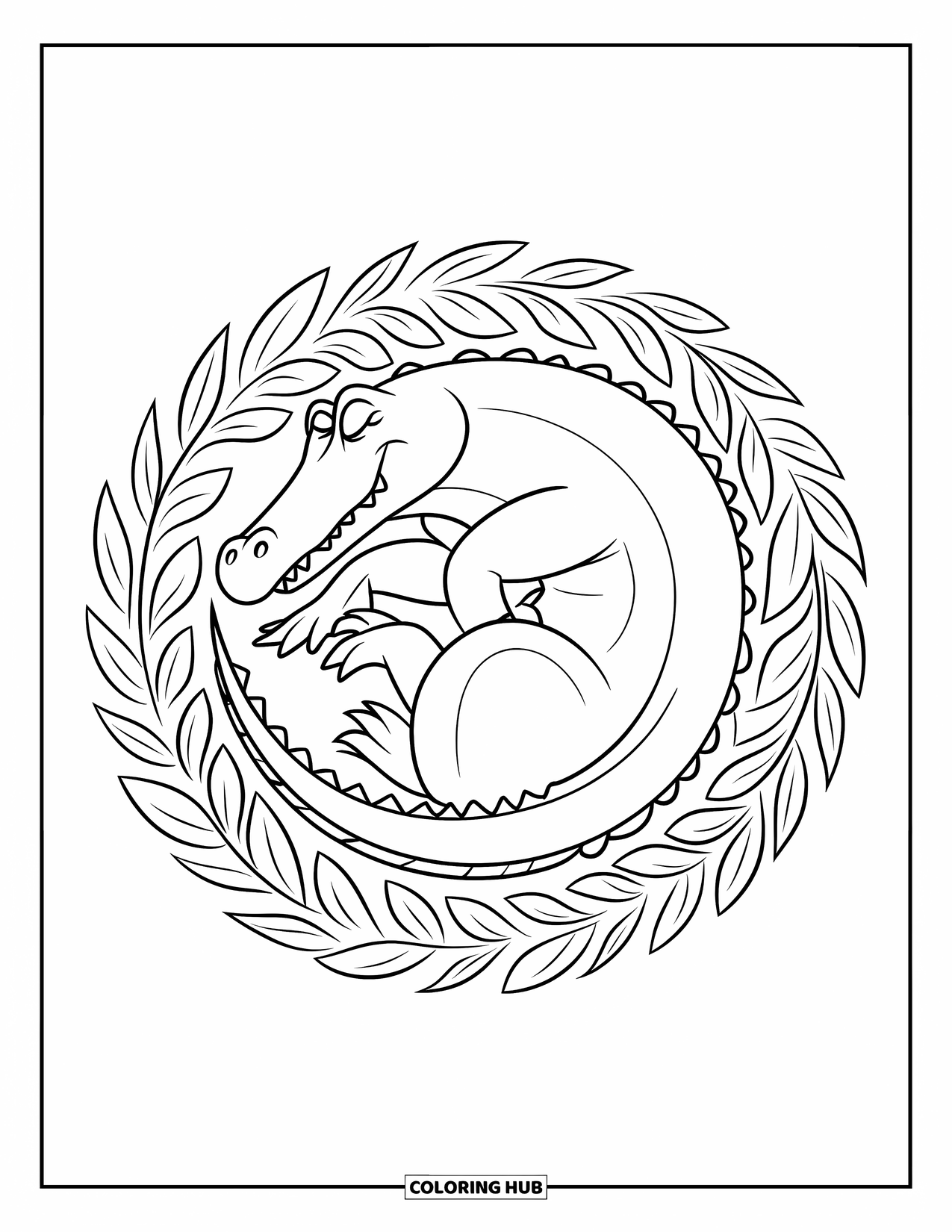 Alligator Coloring Page for Kids: A sleeping alligator is wrapped in leaf patterns on a white background