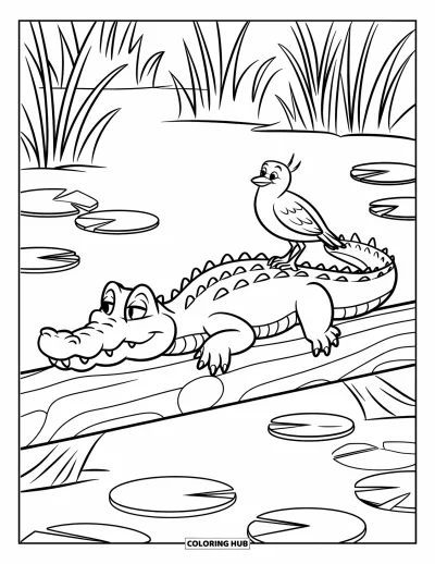 Coloriage d'alligator pour enfants : Un alligator somnolent et un oiseau partagent un tronc au-dessus d'eaux calmes
