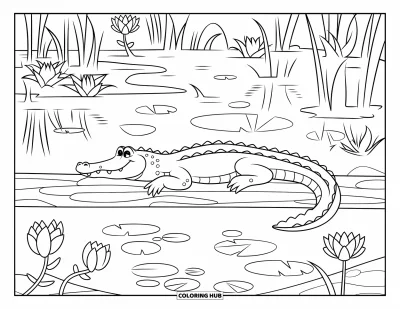 Coloriage d'alligator pour enfants : Un alligator somnolent flotte sur un tronc avec des nénuphars et des lotus à proximité