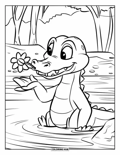 Coloriage d'alligator pour enfants : Un petit alligator pousse une fleur flottante avec son museau depuis un rocher