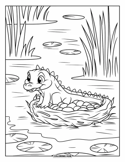 Coloriage d'alligator pour enfants : Un petit alligator surveille ses œufs dans un paisible décor de marécage