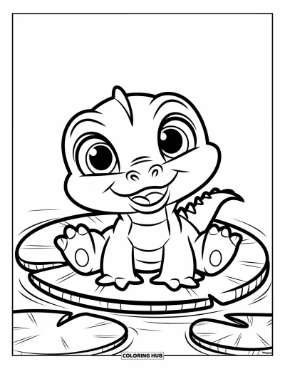 Coloriage d'alligator pour enfants : Un petit alligator aux grands yeux sourit depuis un nénuphar dans un étang tranquille