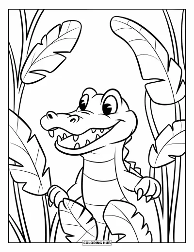 Coloriage d'alligator pour enfants : Un alligator souriant se cache parmi les feuilles de la jungle avec un air espiègle