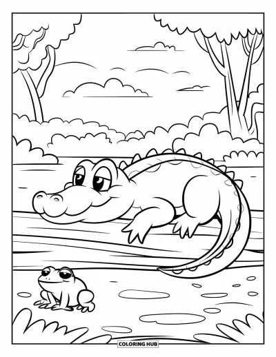 Coloriage d'alligator pour enfants : Un alligator souriant se repose au bord de l'eau pendant qu'une grenouille l'observe depuis un nénuphar