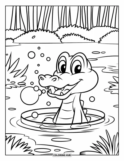 Coloriage d'alligator pour enfants : Un alligator souriant est assis dans un étang et fait des bulles sous un ciel dégagé