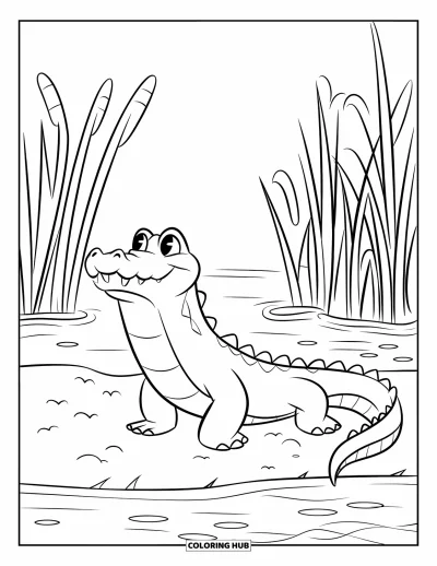Coloriage d'alligator pour enfants : Un alligator souriant se tient sur la berge entouré de grands roseaux fins