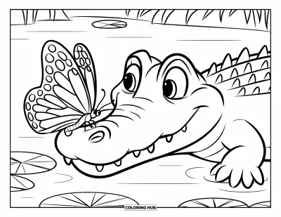 Coloriage d'alligator pour enfants : Un alligator souriant regarde un papillon voltiger au-dessus d'un lac paisible