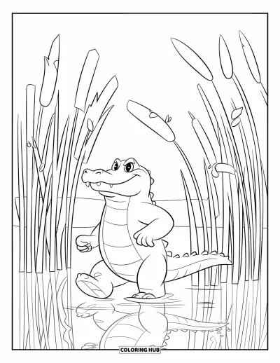 Coloriage d'alligator pour enfants : Un alligator plein d'assurance marche dans de hauts roseaux avec des reflets sur l'eau