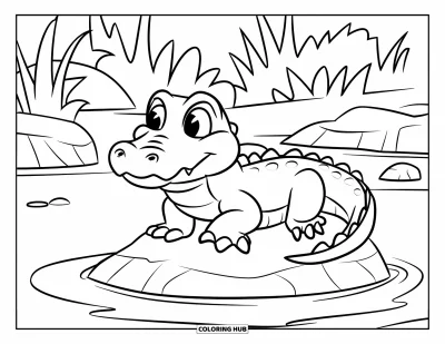 Coloriage d'alligator pour enfants : Un adorable alligator est assis sur un rocher entouré de plantes et d'eau