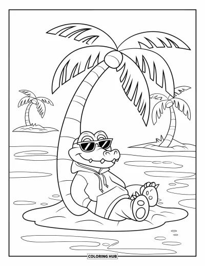 Coloriage d'alligator pour enfants : Un jeune alligator se détend sous un palmier près d'un étang boueux