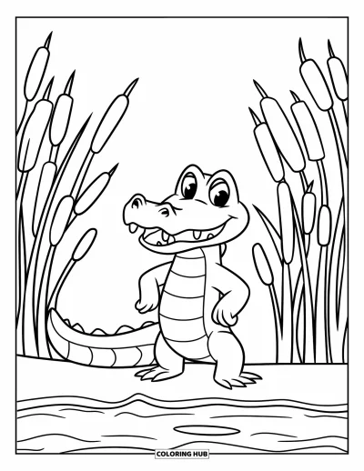 Coloriage d'alligator pour enfants : Un alligator aux grands yeux sourit au bord d'une rivière claire parmi de doux roseaux