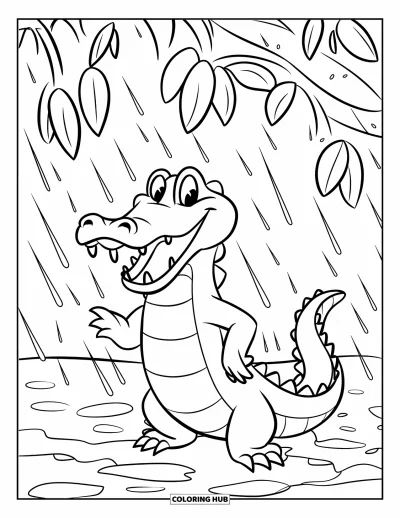 Coloriage d'alligator pour enfants : Un alligator aux grands yeux se tient sous des branches feuillues pendant une pluie boueuse