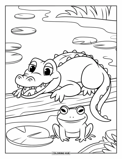 Coloriage d'alligator pour enfants : Un alligator et une grenouille se reposent au bord d'un lac avec de grandes feuilles et des nénuphars