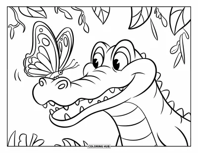 Coloriage d'alligator pour enfants : Un alligator rayonnant de bonheur avec un papillon posé sur le nez au cœur de la jungle