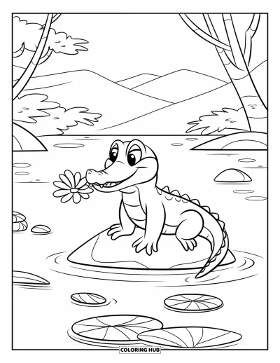Coloriage d'alligator pour enfants : Un alligator touche avec curiosité une fleur depuis un rocher dans un étang calme