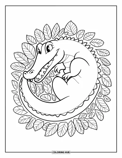 Coloriage d'alligator pour enfants : Un alligator se love dans un nid de motifs tourbillonnants de feuilles