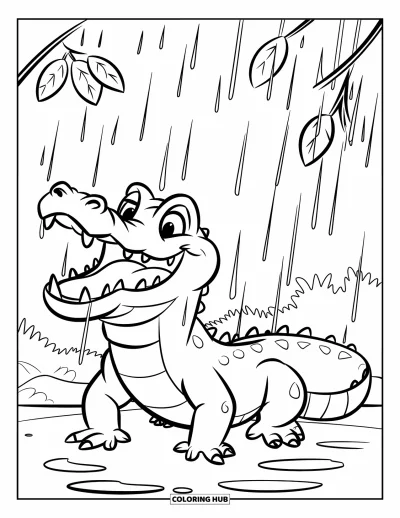 Coloriage d'alligator pour enfants : Un alligator souriant se tient sous des feuilles ruisselantes avec des flaques d'eau tout autour