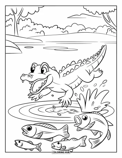 Coloriage d'alligator pour enfants : Un alligator bondit haut hors du lac, surprenant les poissons en dessous