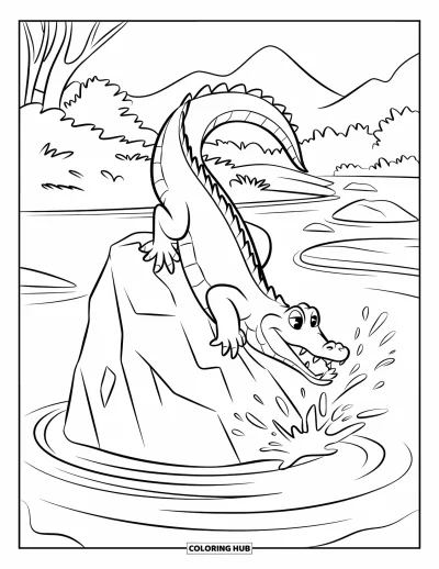 Coloriage d'alligator pour enfants : Un alligator saute sur un rocher dans une rivière tranquille entourée d'arbres