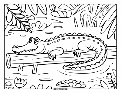 Coloriage d'alligator pour enfants : Un alligator se prélasse dans un marécage fleuri, allongé tranquillement sur un tronc flottant