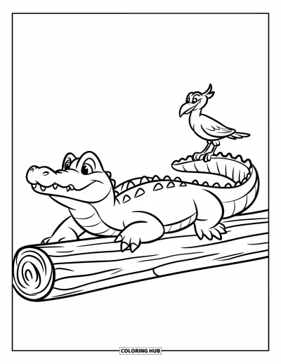 Coloriage d'alligator pour enfants : Un alligator se prélasse sur un tronc avec un oiseau assis tranquillement sur sa queue