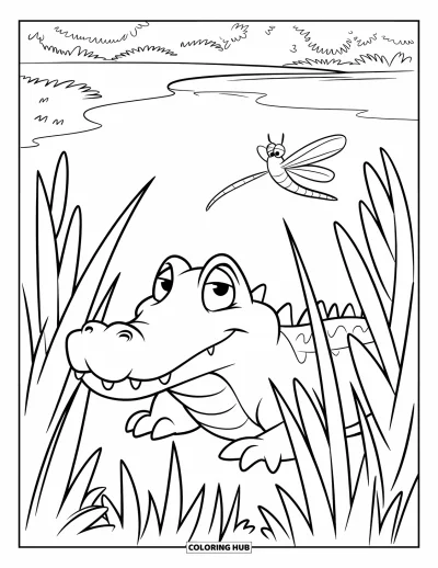 Coloriage d'alligator pour enfants : Un alligator pointe le bout du nez dans les hautes herbes pendant qu'une libellule virevolte au-dessus