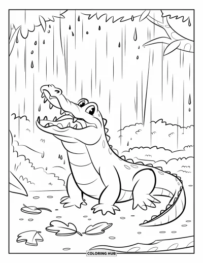 Coloriage d'alligator pour enfants : Un alligator la gueule ouverte pose tandis que des gouttes de pluie tombent à travers les feuilles de la jungle