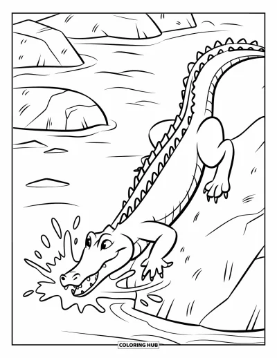 Coloriage d'alligator pour enfants : Un alligator grimpe sur un rocher en éclaboussant l'eau de la rivière partout