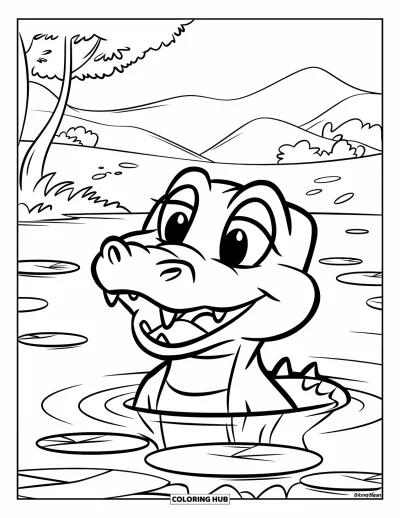 Coloriage d'alligator pour enfants : Un alligator souriant est assis sur un nénuphar dans un étang paisible sous un ciel dégagé