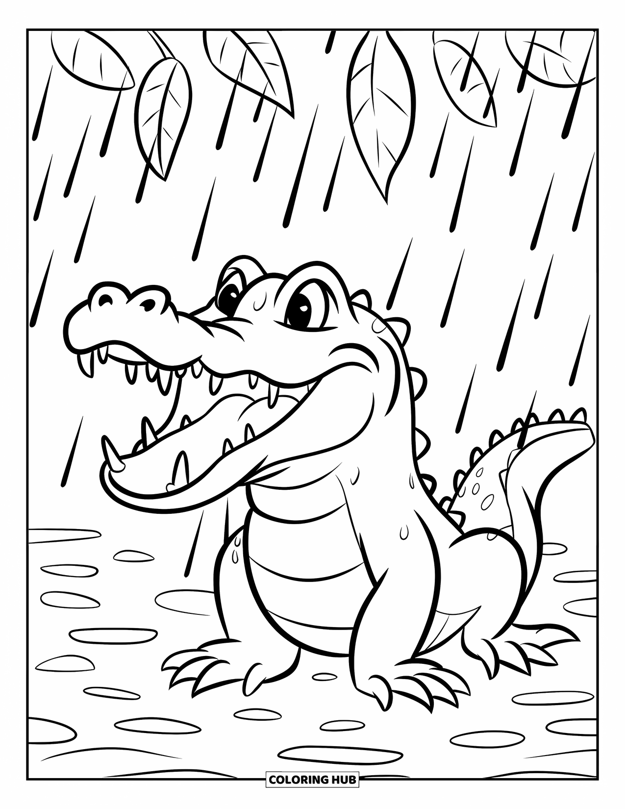 Alligator Coloring Page for Kids: An alligator stands proudly under dripping leaves in a rainy forest