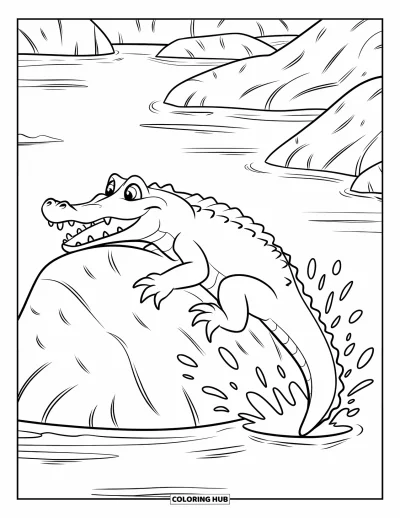 Coloriage d'alligator pour enfants : Un alligator enthousiaste éclabousse en grimpant sur un rocher dans une rivière