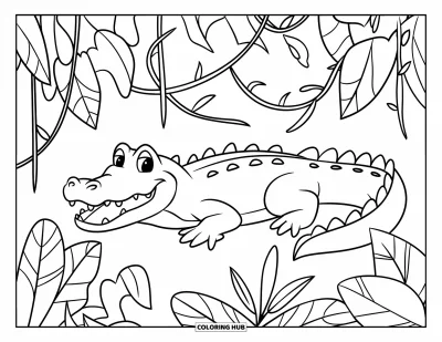 Coloriage d'alligator pour enfants : Un alligator à la gueule béante est entouré de lianes et de grandes feuilles tropicales