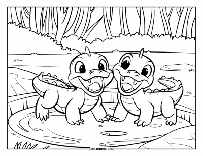Coloriage d'alligator pour enfants : Deux bébés alligators jouent près d'un point d'eau dans la jungle