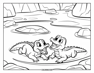 Coloriage d'alligator pour enfants : Deux bébés alligators heureux s'éclaboussent autour d'un point d'eau et d'une petite île