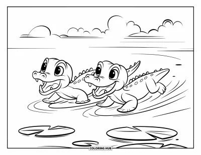 Coloriage d'alligator pour enfants : Deux bébés alligators espiègles nagent ensemble près d'un nénuphar et de nuages duveteux