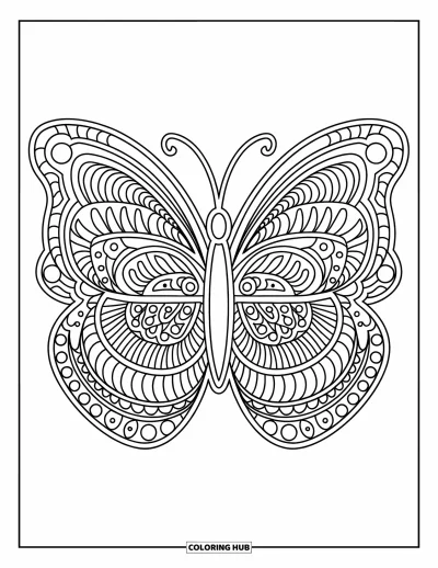 Animal Mandala Coloring Page for Adults: Butterfly with balanced mandala wings and intricate artistic details