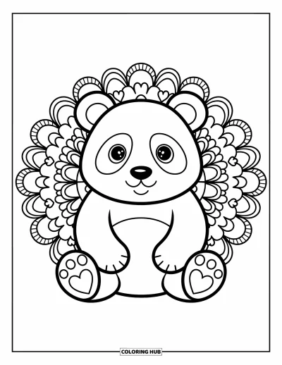 Animal Mandala Coloring Page for Adults: Calm panda with mandala ears and a circle of leaves and tiny flowers