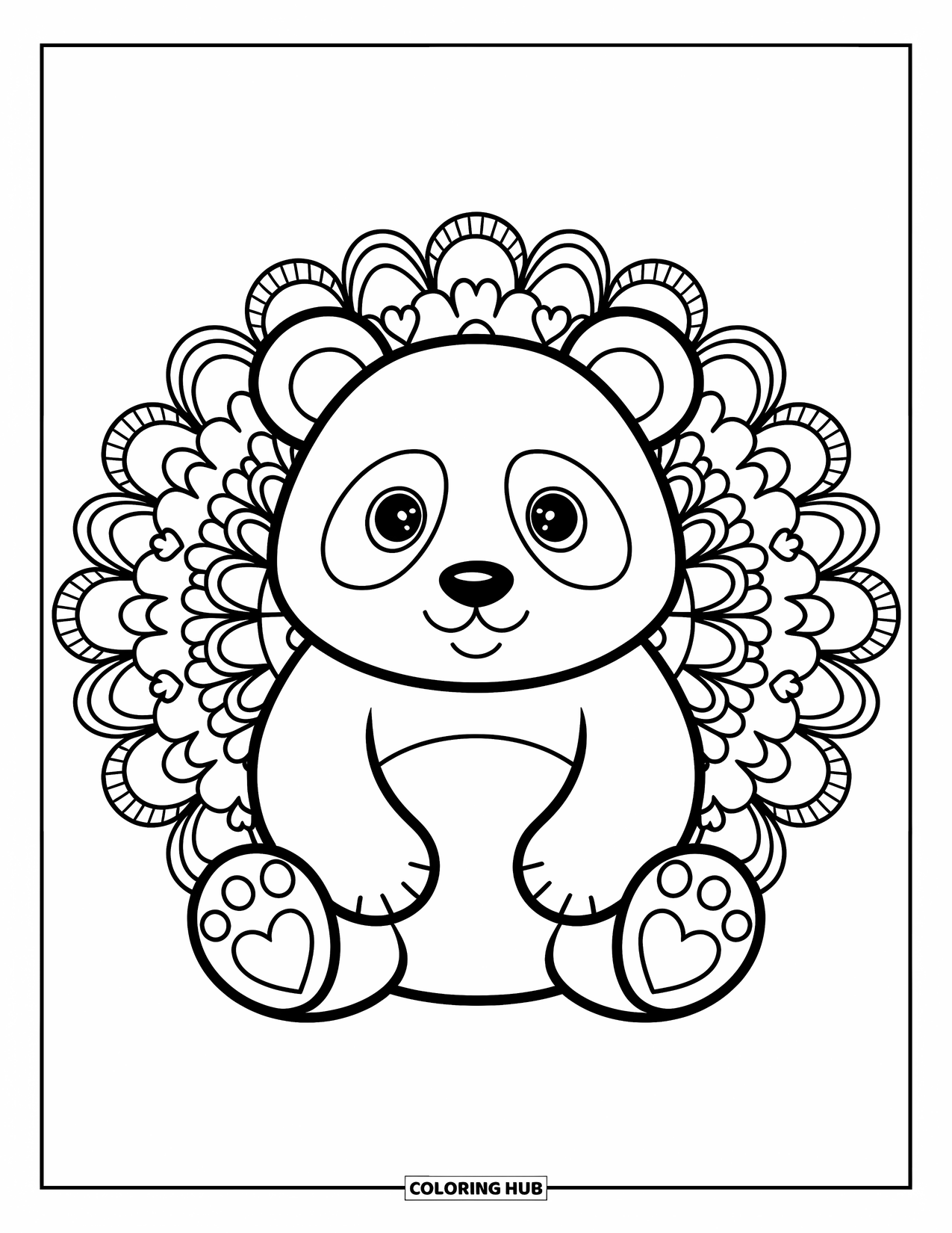 Animal Mandala Coloring Page for Adults: Calm panda with mandala ears and a circle of leaves and tiny flowers