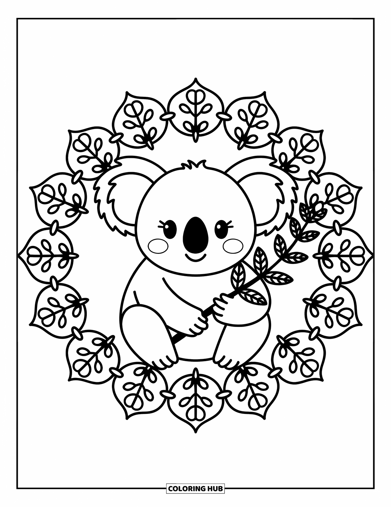 Animal Mandala Coloring Page for Adults: Cuddly koala with flower and leaf mandalas forming a calm, circular frame
