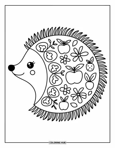 Animal Mandala Coloring Page for Adults: Cute hedgehog with leafy mandala quills and cozy forest doodles