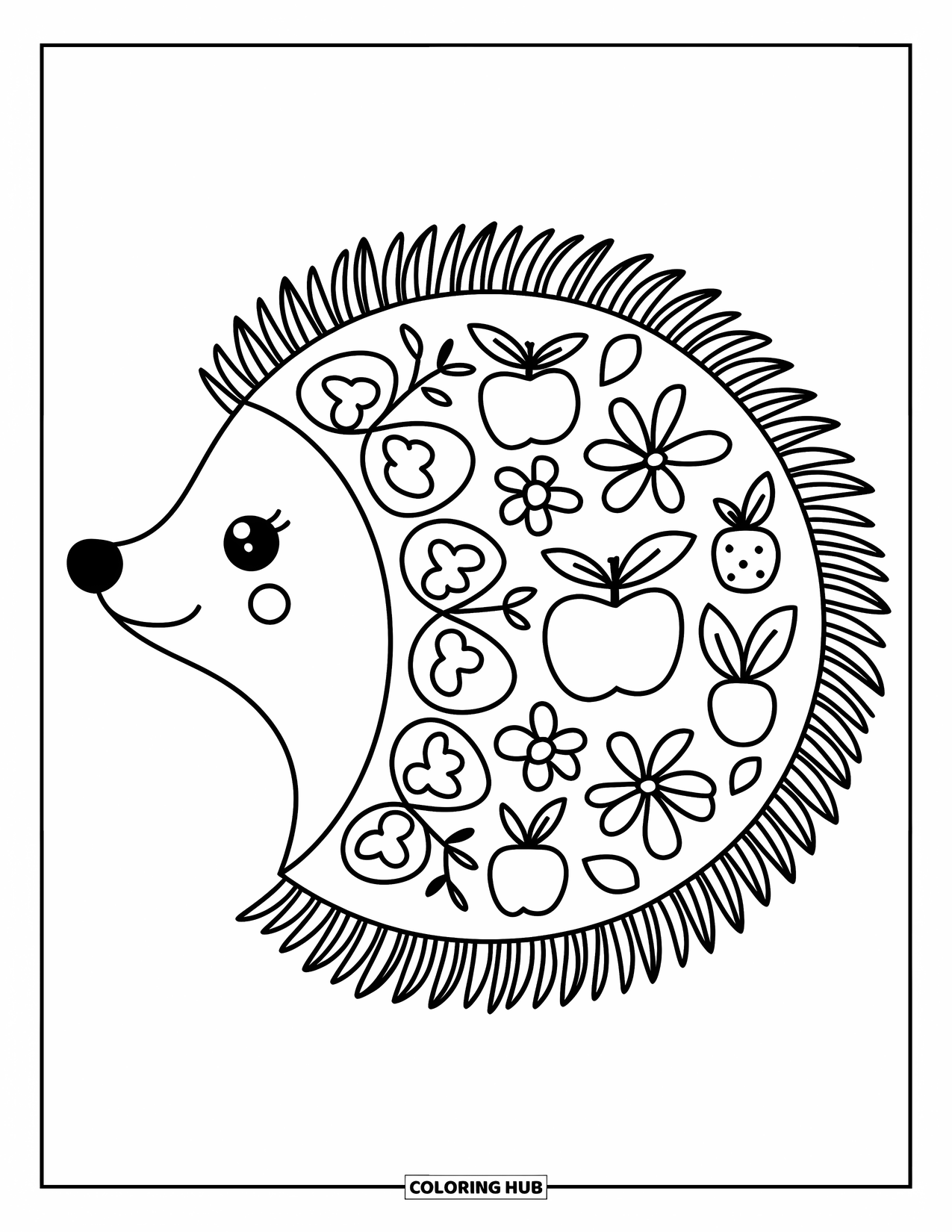 Animal Mandala Coloring Page for Adults: Cute hedgehog with leafy mandala quills and cozy forest doodles