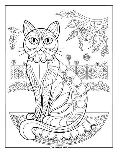 Animal Mandala Coloring Page for Adults: Elegant cat in a flower-filled garden with flowing mandala tail