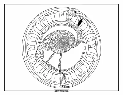Animal Mandala Coloring Page for Adults: Elegant flamingo with mandala feathers and artistic background patterns