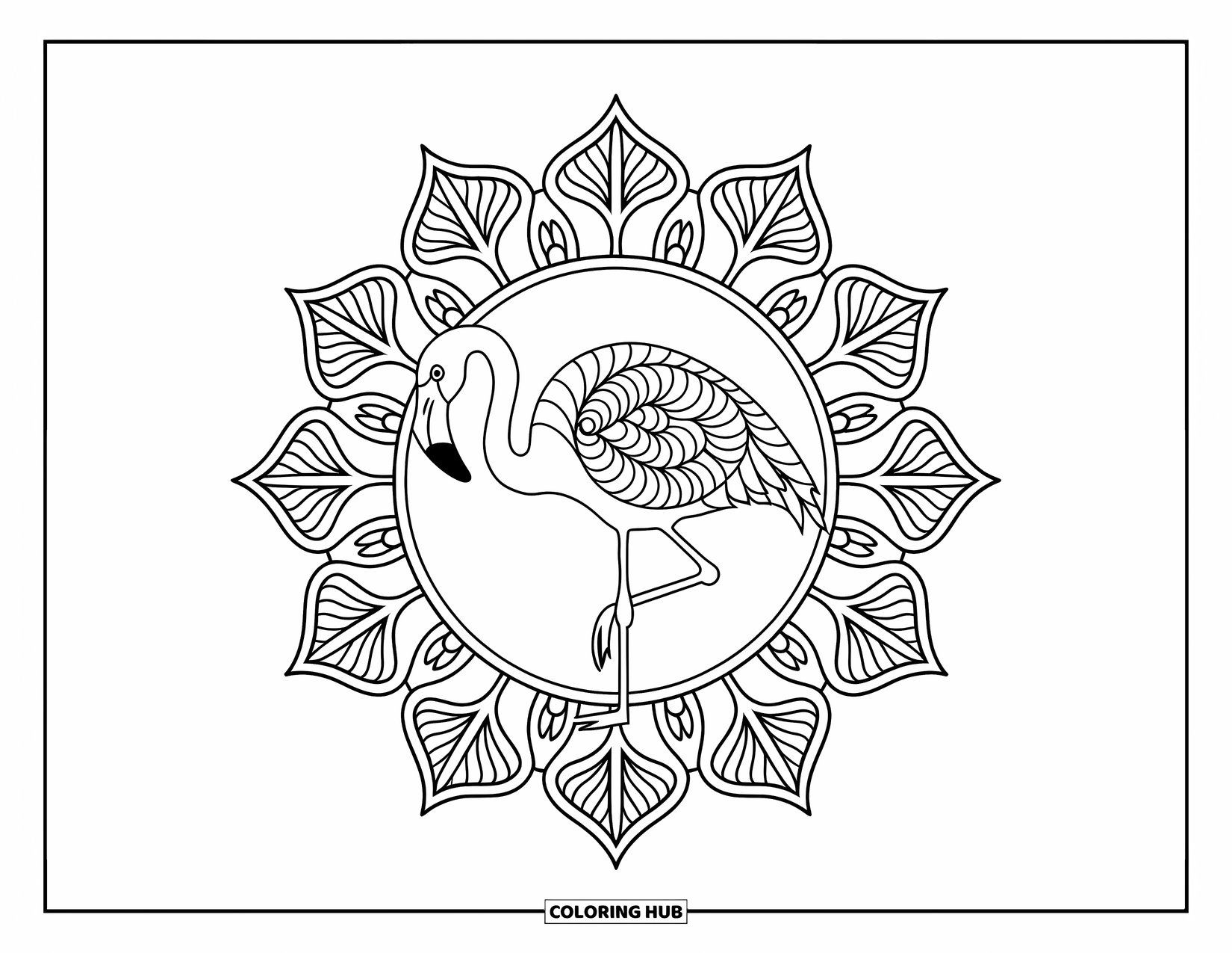Animal Mandala Coloring Page for Adults: Flamingo in a white circle with feather spirals forming a mandala