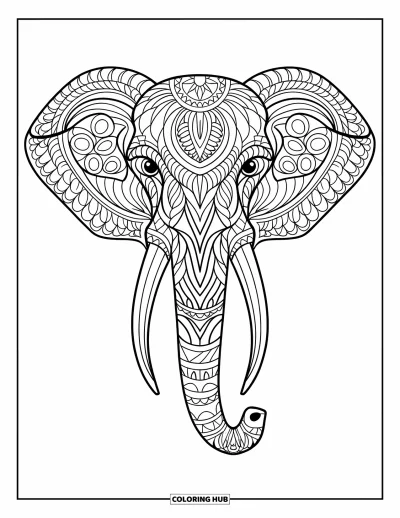 Animal Mandala Coloring Page for Adults: Intricate elephant mandala design with bold lines and no shading