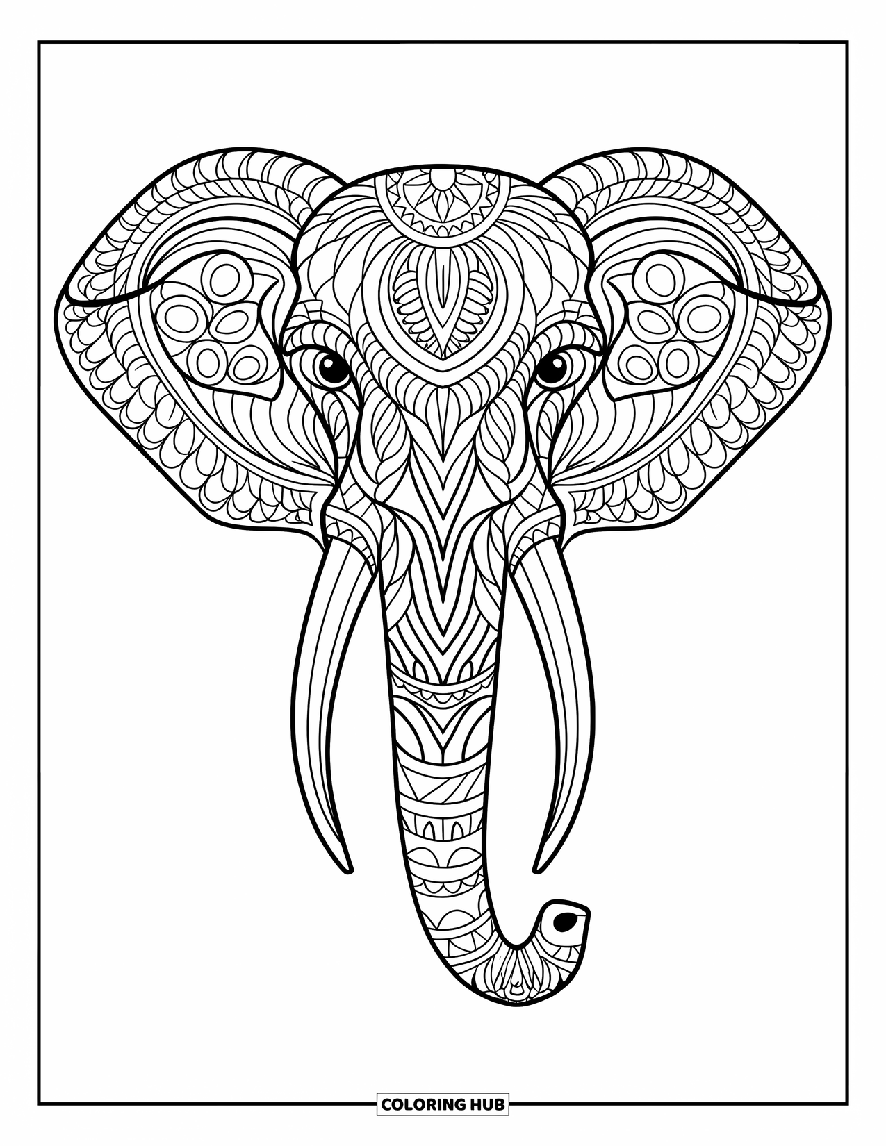 Animal Mandala Coloring Page for Adults: Intricate elephant mandala design with bold lines and no shading
