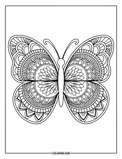 Animal Mandala Coloring Page for Adults: Mandala butterfly with bold outlines and elegant wing patterns